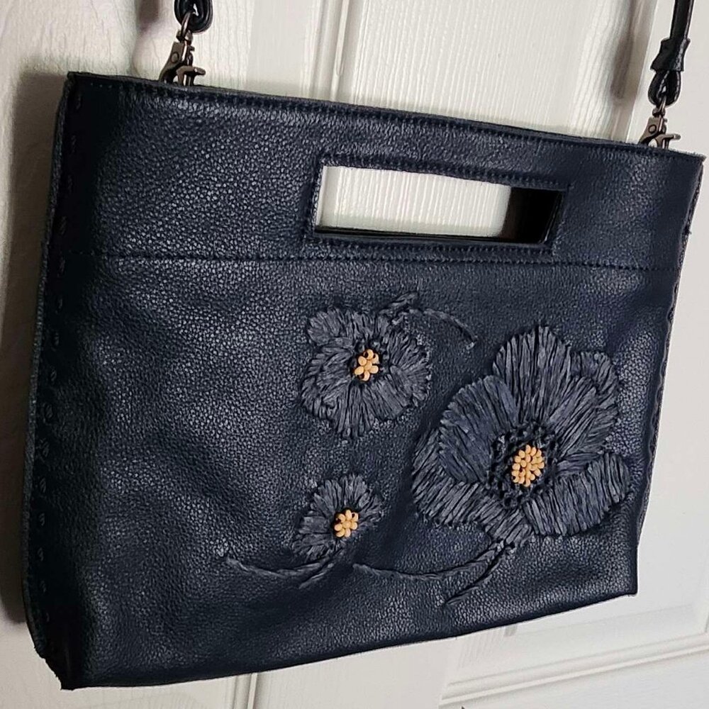 The Sak Blue Leather Handbag w/ Beaded Flowers